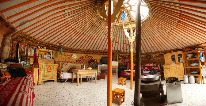 The interior of a family Ger (Mongolian home tent) in Orkhon Valley