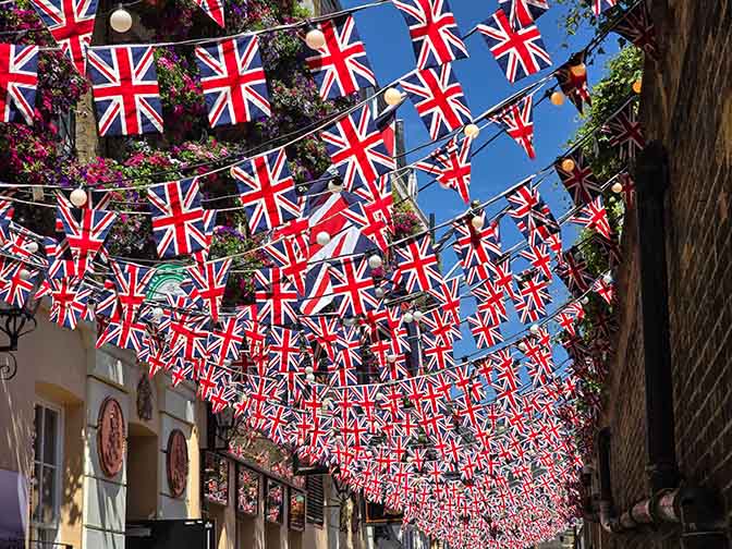 British Union Jack flag hanging in Trafalgar Tavern, Thames Path Greenwich 2024