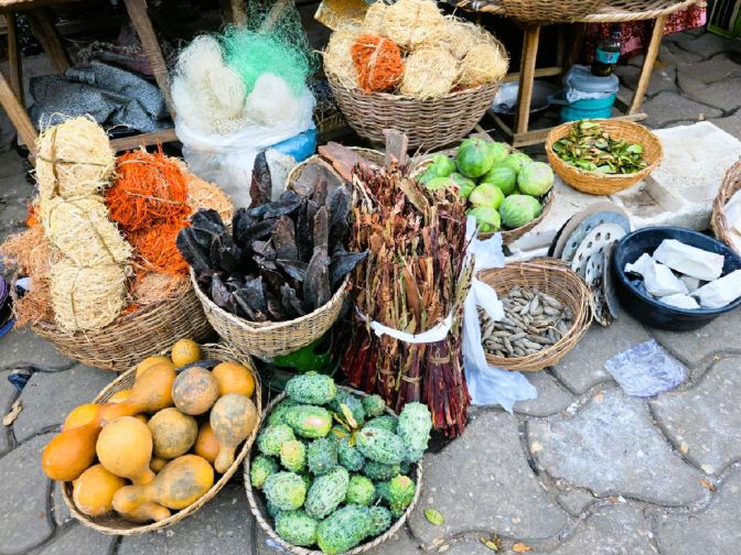 Vibrant open-air market stall in Porto-Novo, Benin 2026