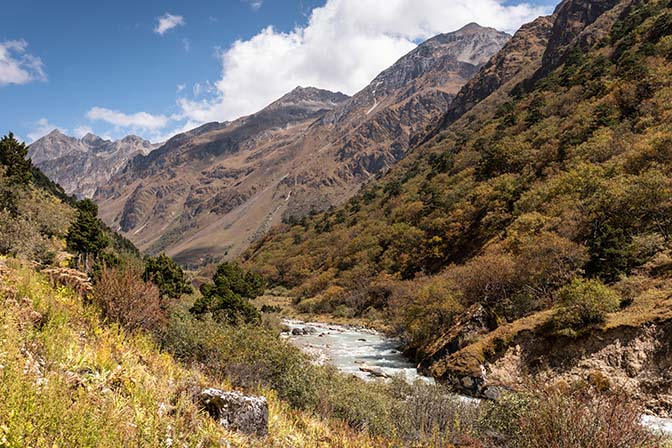 Following the Paro River Valley upstream from Thangthankha to Jangothang, Jigme Dorji National Park October 2018