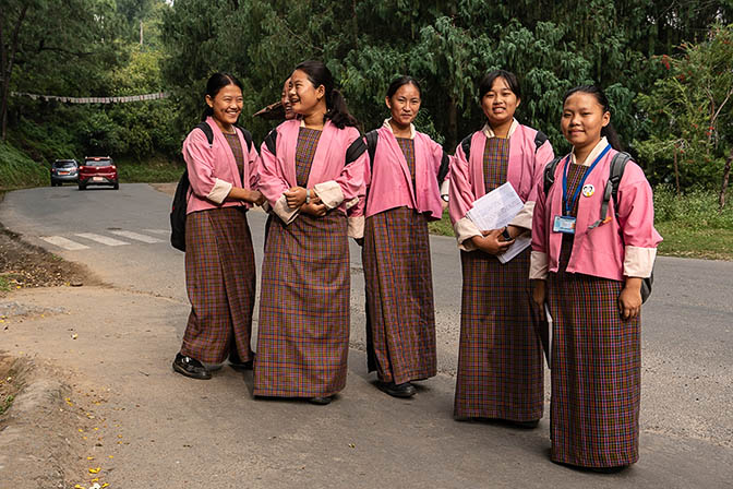 Girls in school uniform on their way to school, Punakha 2018
