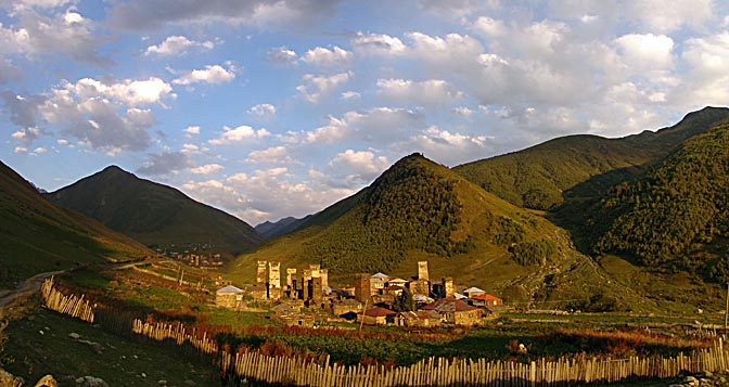 Stone buildings and defensive towers in Ushguli in twilight, Upper Svaneti 2007