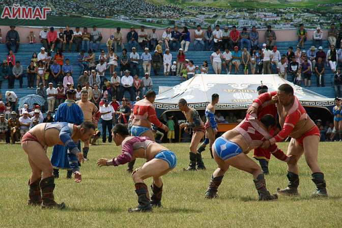 Mongolian wrestling, the most important and strictly men-only tournament in the Naadam Festival, Tsetserleg 2010