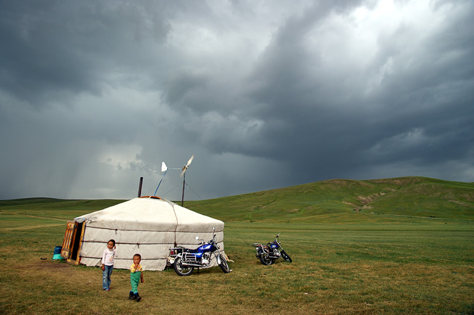 A family Ger (Mongolian home tent) on the steppe near Kharkhorin, Central Mongolia 2010