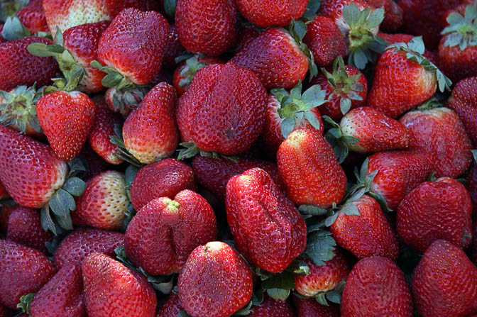Red juicy strawberries in Cusco market, Peru 2008