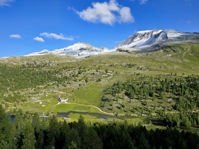 The snowy Tofane Mountains above Rifugio Lavarella, 2025
